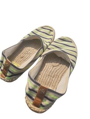 Tory Burch Canvas Stripe Espadrille Flats Neon Green/ Black/ Cream Size 8